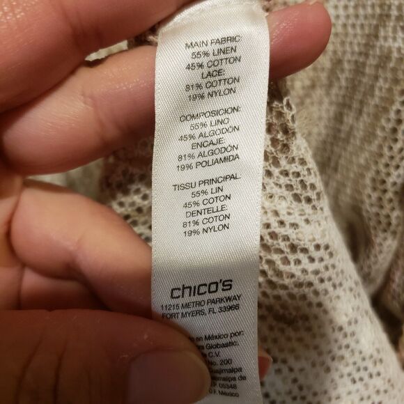 CHICO’S Beige Peach Net Lace Open Front 3/4 Sleeve Cardigan Women Size 3 Linen - Picture 10 of 10